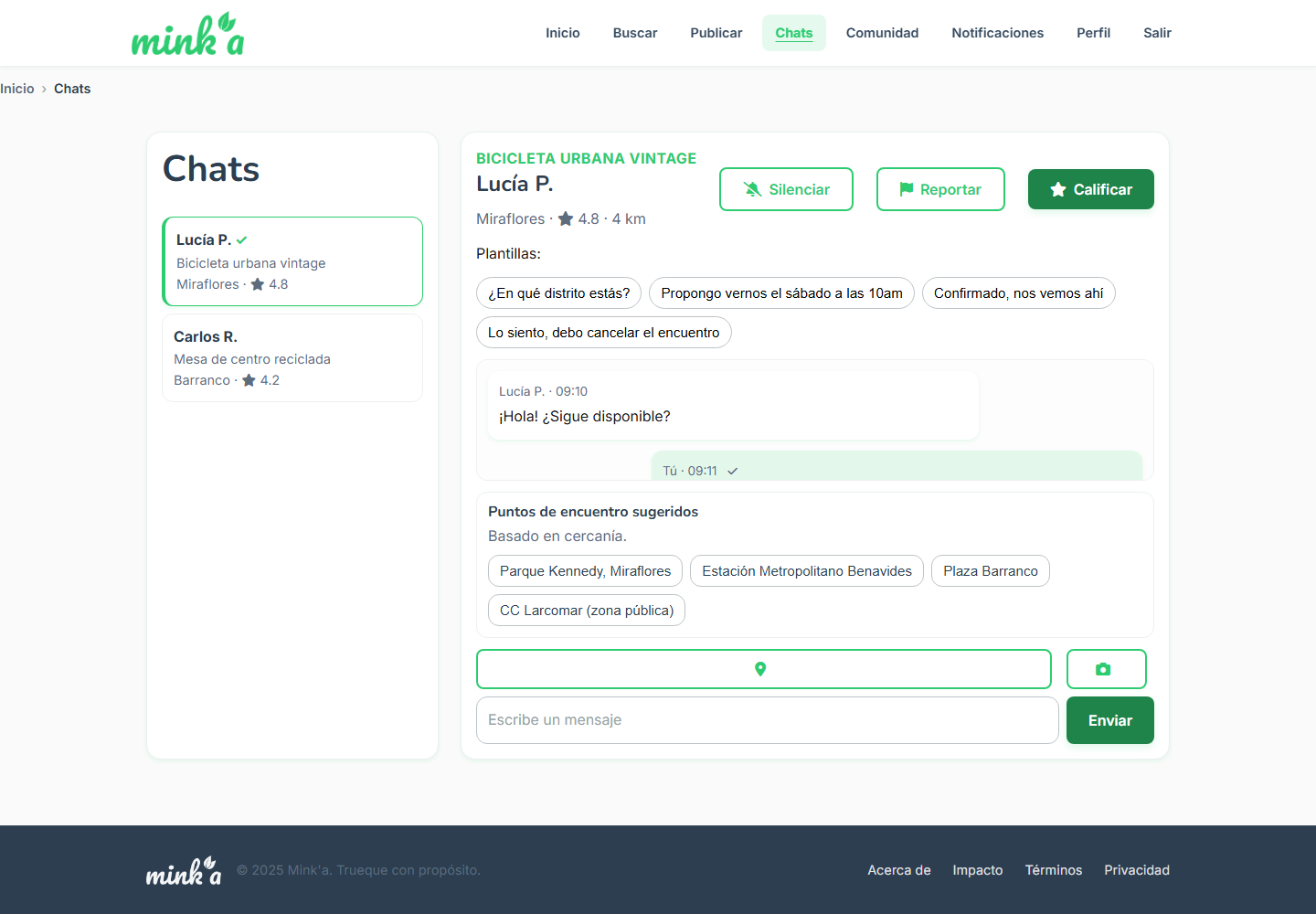 Chat de Mink'a para coordinar un trueque con puntos de encuentro sugeridos