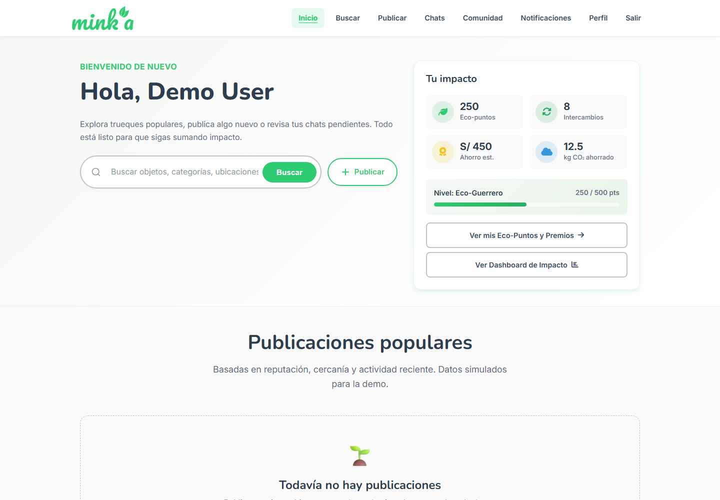 Pantalla de inicio de la app Mink'a con publicaciones populares y buscador